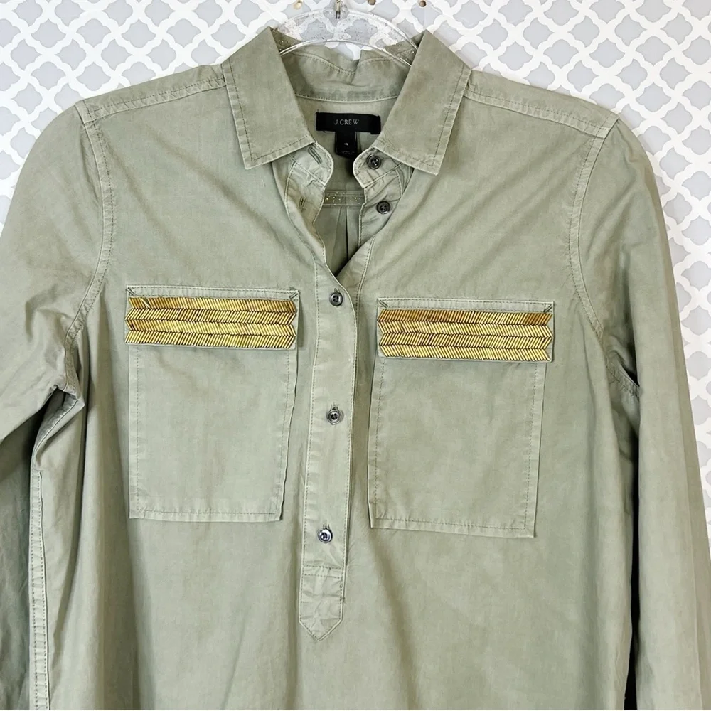GUC J. Crew Olive Beaded Pocket Popover Shirt
